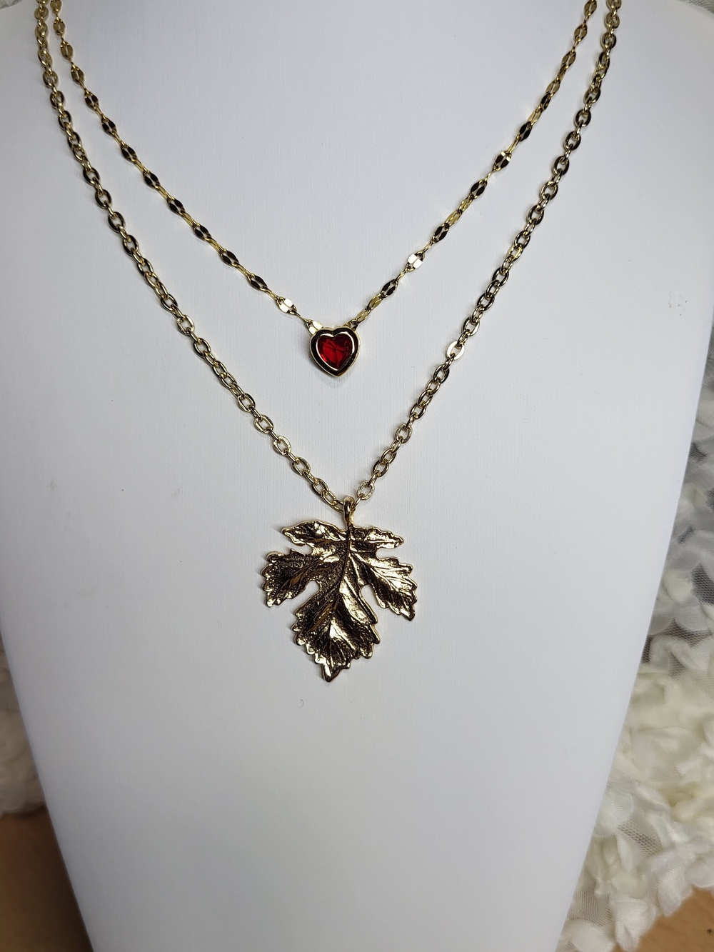 Gold Leaf Pendant & Red Heart Layered Necklace - Women Jewelry, Autumn Necklace